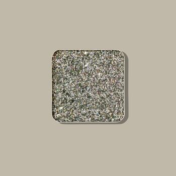 Top view eye shadow sustained grey trend color swatch with shadow, monochrome minimal style photo, sparkle eyeshadow, colored shiny powder for festive makeup, square shape metal pack, beauty photo