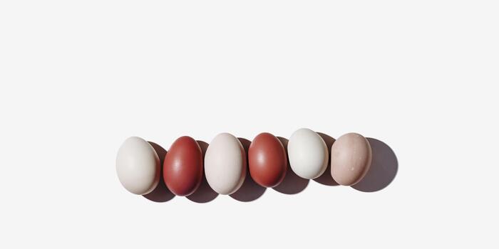 Easter eggs red gradient color in row with hard Shadow at sunlight, light background. Chicken eggs minimal flat lay, traditional food and symbol of Easter, monochrome colored, top view, copy space photo