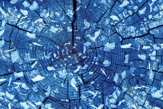 Close up macro of frost crystals on blue textured wooden tree surface in winter cold. Pattern of snowflakes on slice of wood as environmental background. Concept of nature, season, natural pattern. photo