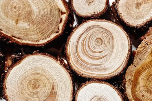 Natural wooden background, Macro photo of cross sections of juniper wood with texture detailed annual rings and bark, graphic nature organic pattern. Set of tree slices, eco-friendly concepts