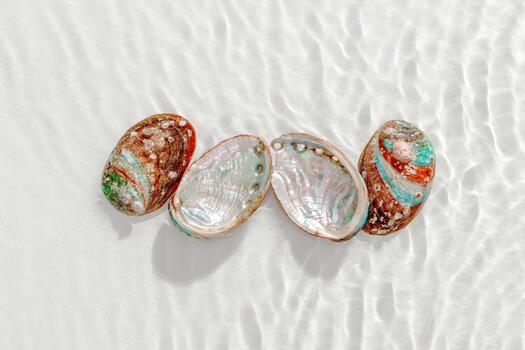 Four of abalone seashells floating on clear white water with sun glare and waves. Shells of natural iridescent and rough textures. Minimal style top view pattern sea ocean life background, copy space photo