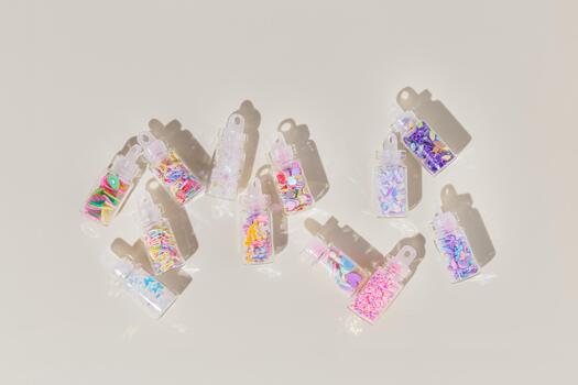 glitters diffrent form for nail art and makeup in small jars on beige background. Minimal trend aesthetic Pattern with glitter for nails in glass bottles at sunlight with shadows photo