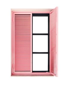 Retro Wooden Window with pink closed Shutters Jalousie isolated on white background, Open Window frame wood on outdoor wall building. Cutout design object. Summer, travel concept photo