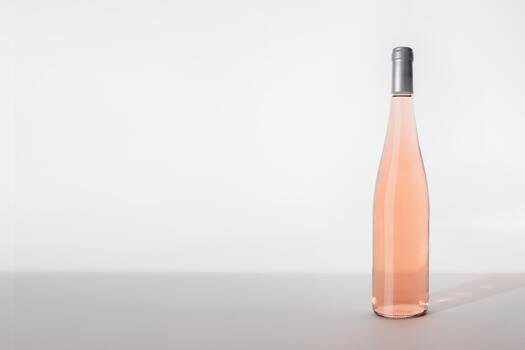 Rose wine bottle on table on light white background, side view, copyspace. Mockup product alcoholic drink in sunlight. One bottle Rose wine template, minimal still life, banner with empty space photo