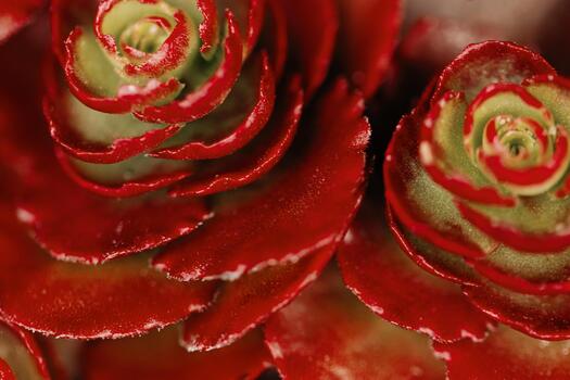Red succulent cactus closeup as aesthetic botanical background. Nature abstract flowery evergreen plants as minimal monochrome natural pattern, macro photo of beauty nature, soft focus, daylight.