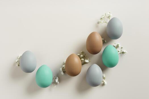 Elegant Easter Composition with Pastel Eggs and Spring Blossoms, still life Dyed eggs in soft pastel colors, top view spring holiday minimal creative pattern, neutral earth colored image photo