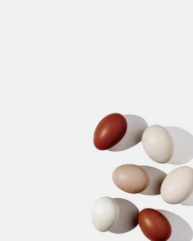 Easter eggs red gradient with hard Shadow at sunlight, frame and light background. Chicken egg on table, top view, minimal flat lay, holiday food still life, Viva Magenta color trend photo