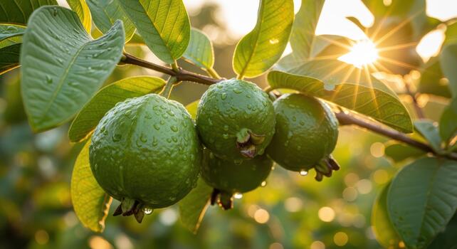 Guava Fruit Bunch on Branch with Water Droplets in Sunlight photo