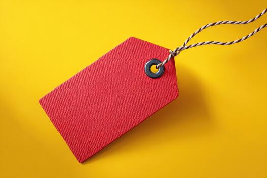 Bright red tag with textured surface and black eyelet, hanging from twisted string against vibrant yellow background, perfect for labeling gifts or products in a retail environment photo