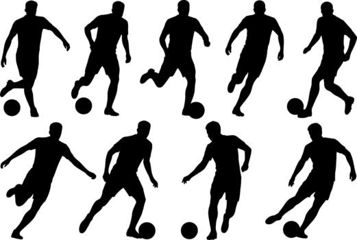Silhouette soccer players in action with dynamic movements on white background vector