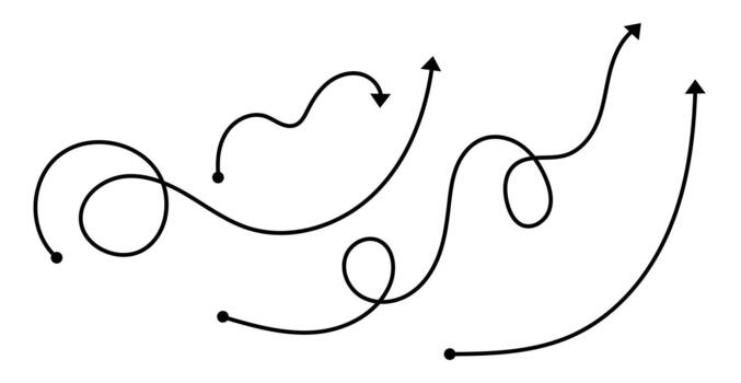 resumen conjunto de con curvas, devanado, y en espiral línea flechas con comenzando puntos dibujado a mano garabatear estilo vectores colección de chiflado y ondulado rutas indicando complejo dirección y movimienot.