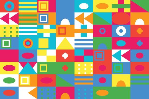 Colorful geometric pattern background with squares circles triangles and dots vector