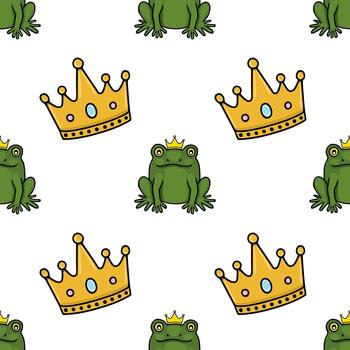 Seamless pattern of charming green frogs wearing golden crowns and ornate crowns scattered throughout, creating a whimsical and royal theme. vector