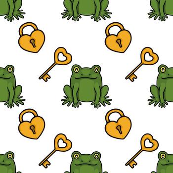 Charming seamless pattern featuring playful green frogs and golden heart shaped locks with keys, perfect for whimsical backgrounds. vector