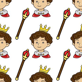 Charming pattern featuring a regal prince with a golden crown and a royal scepter, set against a clean white background, perfect for children's themes. vector