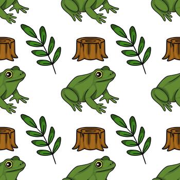 Seamless pattern featuring charming green frogs and rustic tree stumps amidst delicate branches. vector
