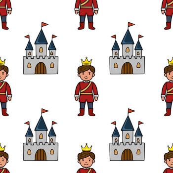 Whimsical cartoon pattern of a smiling prince in royal attire standing before a fairytale castle with flags, set against a clean white background. vector
