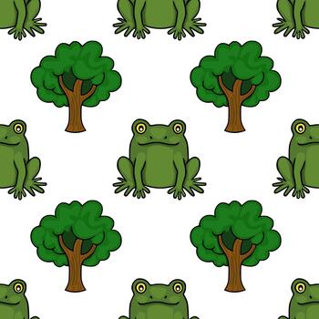 Seamless pattern featuring playful green frogs and stylized trees on a white background, perfect for whimsical children's designs. vector