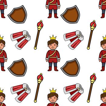 Charming Prince, Shield, Scepter, and Royal Cape Seamless Pattern for Storytelling and Fairytale Themes vector