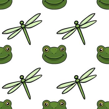 Whimsical pattern featuring smiling frog faces and delicate dragonflies against a clean white background, perfect for playful designs. vector