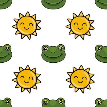 Seamless pattern featuring cute smiling frogs and cheerful suns on a white background. vector