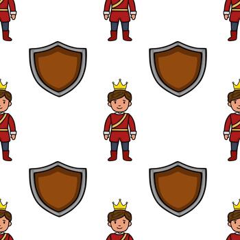 A charming pattern featuring a stylized prince in a regal red uniform with a golden crown, paired with a classic shield, set against a clean white background. vector