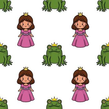 Charming pattern featuring a princess and a frog prince with golden crowns, set against a clean white background for whimsical storytelling. vector
