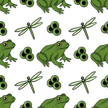 Seamless pattern featuring playful green frogs and delicate dragonflies amidst abstract green circles. vector