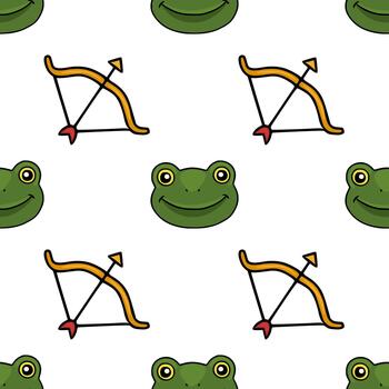 Seamless pattern featuring cheerful frog faces and archery bows with arrows, perfect for playful backgrounds. vector