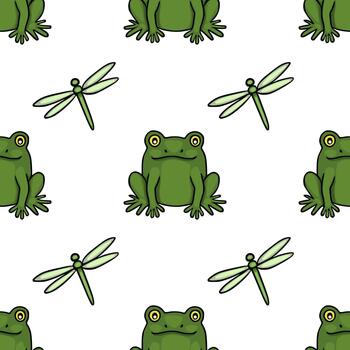 A charming seamless pattern featuring playful green frogs and delicate dragonflies on a clean white background, ideal for whimsical designs. vector