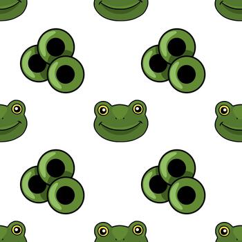 Playful seamless pattern featuring stylized frog faces and lily pad elements on a white background, perfect for whimsical designs. vector