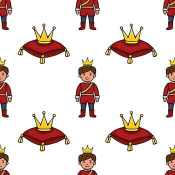Charming pattern featuring a smiling prince in a red uniform and a golden crown, accompanied by royal red cushions with golden tassels, set against a clean white background. vector