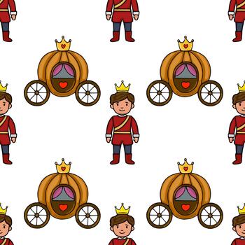 Charming pattern featuring a royal prince in a red uniform and a golden carriage with a heart emblem, set against a clean white background, perfect for whimsical designs. vector