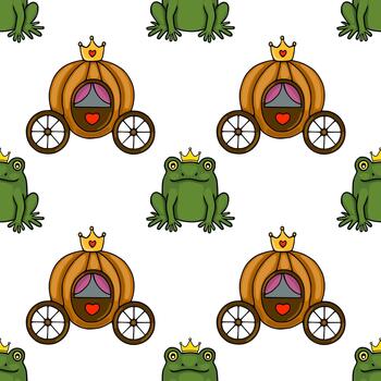 Seamless pattern featuring a charming prince frog in a royal carriage, set against a clean white background. vector