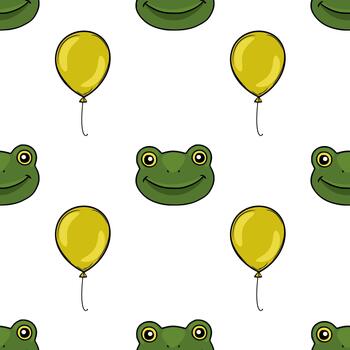 Seamless pattern of cheerful green frogs with yellow balloons, creating a playful and whimsical background. vector