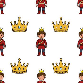 Charming pattern featuring a royal prince in a red uniform and golden crowns, set against a clean white background, perfect for children's themes. vector