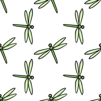 Seamless pattern of stylized green dragonflies with delicate wings against a clean white background, evoking a sense of nature and simplicity. vector