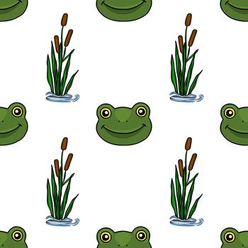 A charming seamless pattern featuring friendly frog faces and cattails in a pond environment. vector