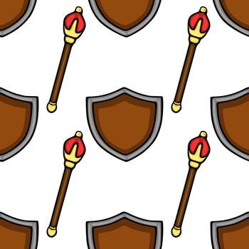 A charming pattern featuring medieval shields and magical staffs with red and yellow accents on a clean white background, perfect for fantasy themed designs. vector