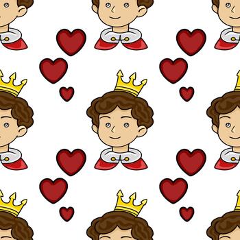Charming pattern of a smiling prince in a royal cape surrounded by red hearts, perfect for romantic or fairy tale themes. vector