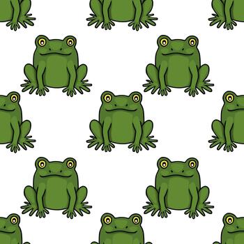 Charming seamless pattern featuring playful green frogs with bright yellow eyes, set against a clean white background, evoking a whimsical and cheerful atmosphere. vector