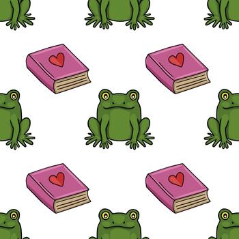 Charming seamless pattern featuring playful green frogs and pink books with red hearts on a white background. vector