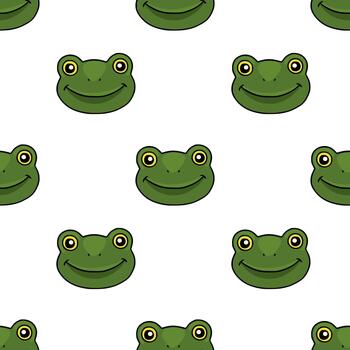 sin costura repitiendo modelo de alegre verde rana caras con grande amarillo anillado ojos y sonriente bocas en un blanco antecedentes. vector