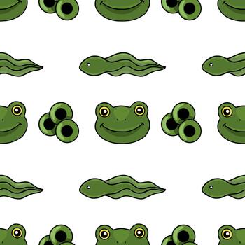 Cute seamless pattern featuring smiling frog faces and tadpoles on a white background. vector