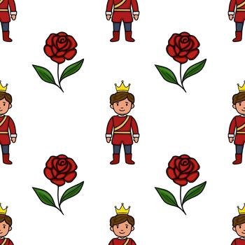 Charming pattern featuring a young prince with a crown and a single red rose, set against a clean white background, ideal for storybook themes. vector