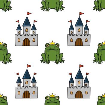 Seamless pattern featuring a whimsical cartoon illustration of a green frog wearing a golden crown, positioned between charming fairytale castles with red flags. vector