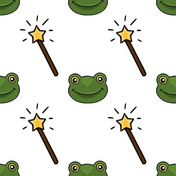 sin costura modelo presentando caprichoso verde ranas con simpático sonrisas y espumoso magia varitas en un limpiar blanco antecedentes. vector