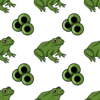Seamless pattern featuring a playful arrangement of cartoon green frogs and abstract green circles on a white background. vector