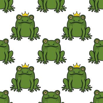 Seamless pattern featuring charming green frogs, some adorned with golden crowns, set against a clean white background, evoking a whimsical fairytale theme. vector