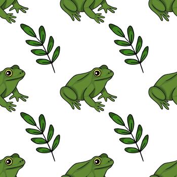 sin costura modelo presentando encantador verde ranas y delicado ramas con hojas en un blanco antecedentes. vector